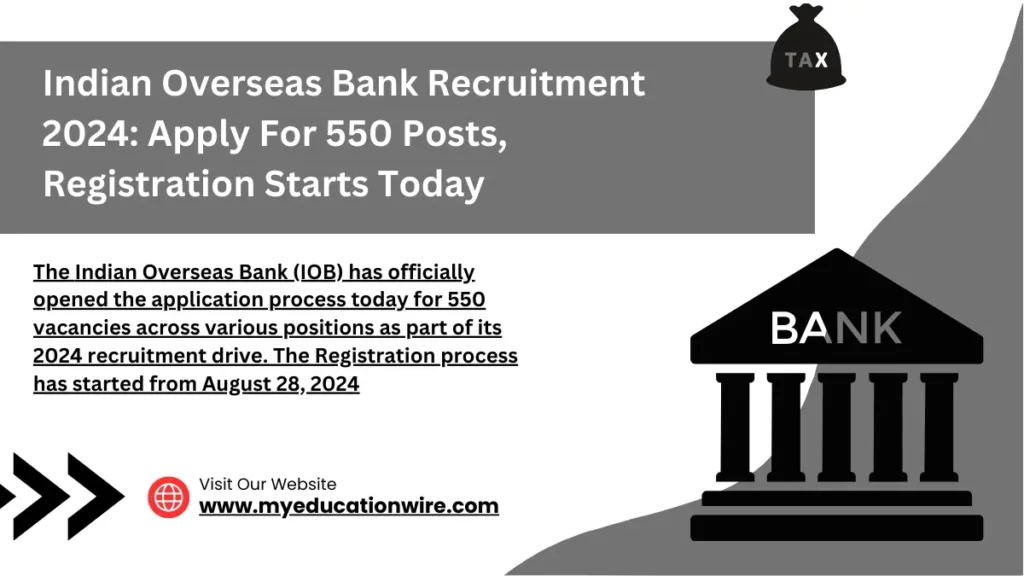 The Indian Overseas Bank (IOB) has officially opened the application process today for 550 vacancies across various positions as part of its 2024 recruitment drive. The Registration process has started from August 28, 2024