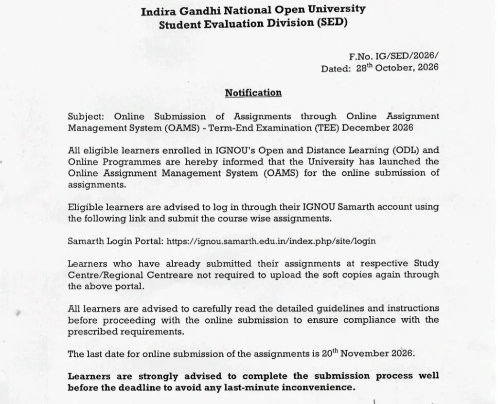 IGNOU Assignment Submission 2026 Official Notice
